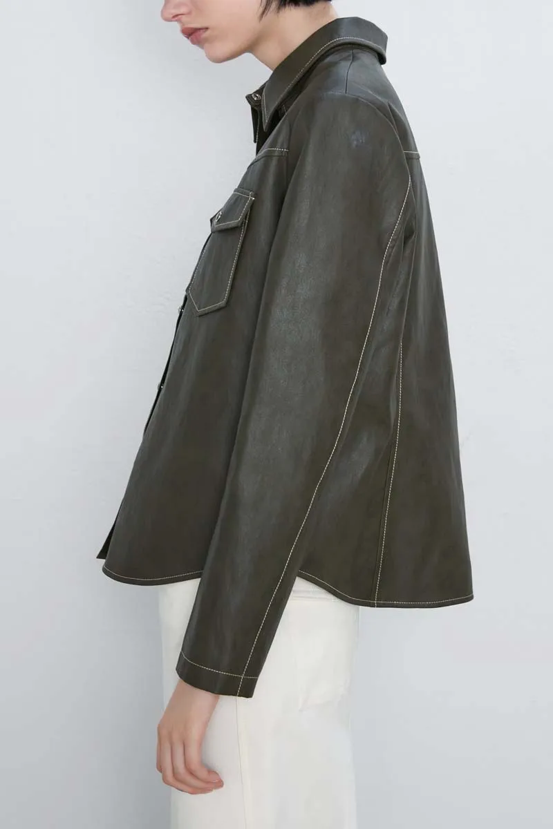 Autumn Solid color Women Faux Leather blouse Single breasted Loose Female PU jacket Turn Down collar coats Chic YNZZU YO981
