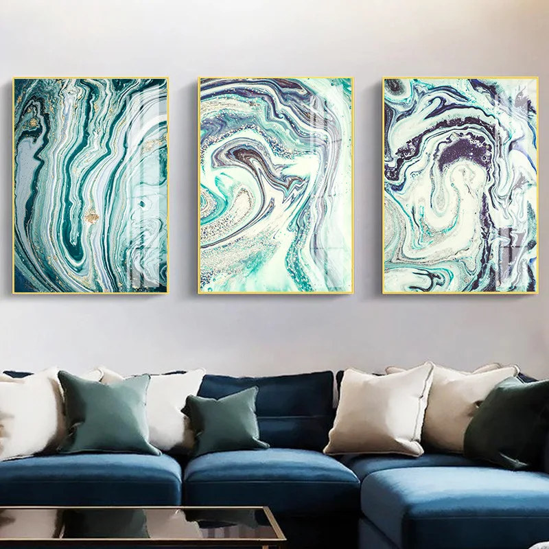 Современный абстрактный зеленый синий Fusion Wall Art Cuadro Модный золотой Холст Картина