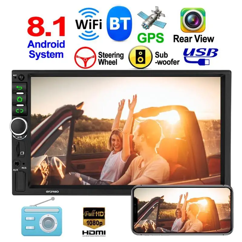 Android 8.1 Quad Core Car Stereo GPS Navigation Bluetooth WiFi USB Radio Receiver Support Back-View Camera Input Reversing Image