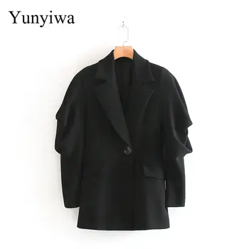 

2020 Women Fashion Solid Color Fold Sleeve Casual Black Suit Coat Female Single Button Outwear Jacket Chic Autumn Mujer