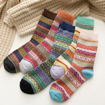 

5Pairs/Lot Warm Women Socking Winter Thick Cotton Socks Retro Colorful Sock Ladies Stripe Mujer Calcetines
