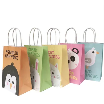 

10PCS Soft Kraft Gift Bags With Handles 2 Sizes Candy Bags Cute Cartoon Printed Packaging Gift Paper Bags For Party Wholesales
