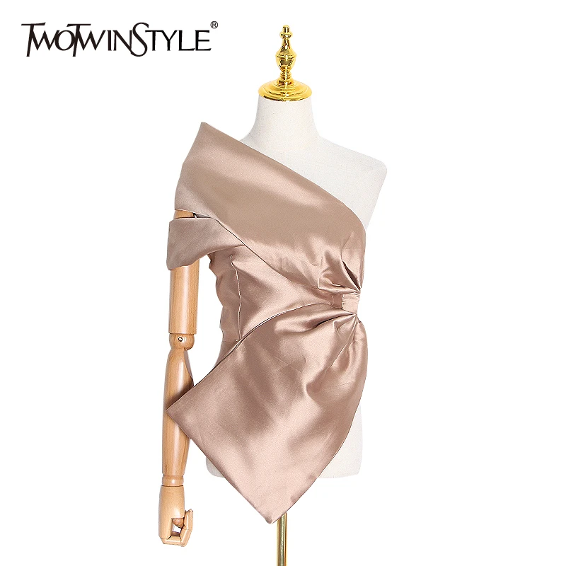 

TWOTWINSTYLE Asymmetrical Sexy Off Shoulder Shirt For Women Skew Collar Sleeveless Blouse Female 2020 Spring Fashion New