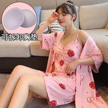 

3PCS Sexy Lingerie Shorts Pajama Sets for Women 2020 Summer Short Sleeve Print Robe Sleepwear Homewear Pijama Mujer Home Clothes