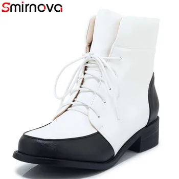 

Smirnova Big size 34-48 New women boots round white black mixed colors round toe square heel ankle boots for women ladies shoes