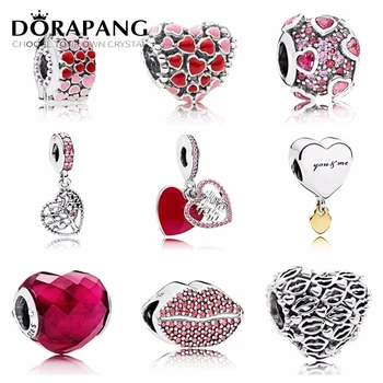 

NEW 2018 Valentine's Day Newest 925 Sterling Silver Bead Red Lip Heart shaped Charm for Women Fashion DIY Bracelet Bangle