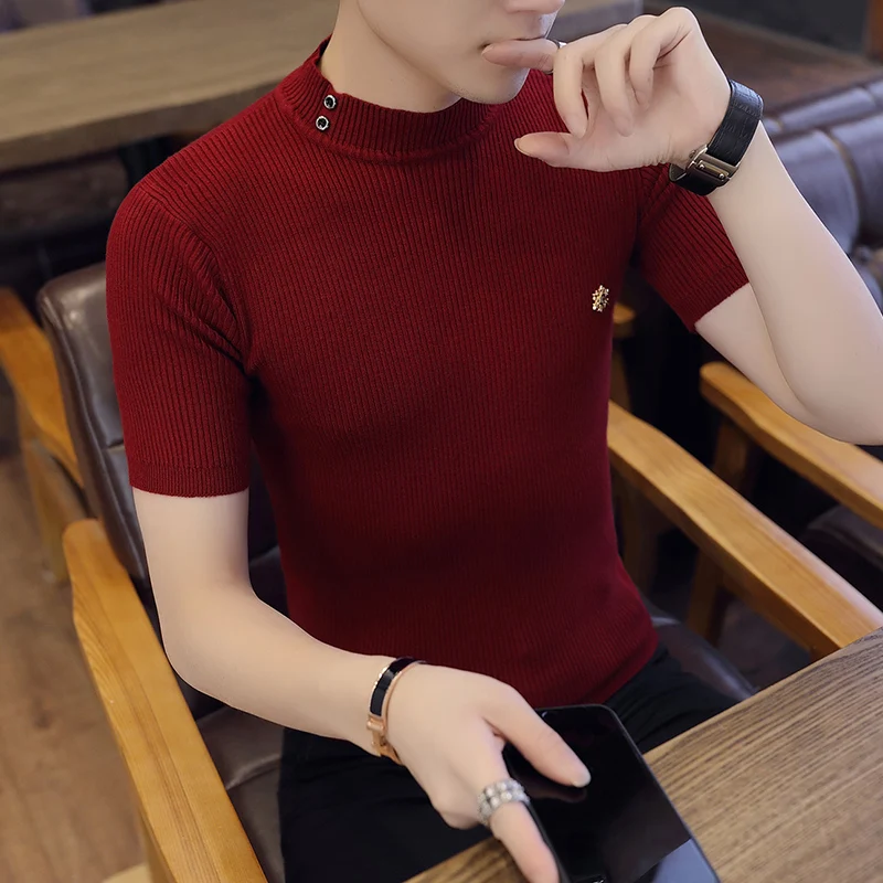 Men Sweater O-Neck Mens Pullover Sweater Male tshirts Solid Color Man Sweaters Pull Clothes Short Sleeve Homme Shirt Badge K269