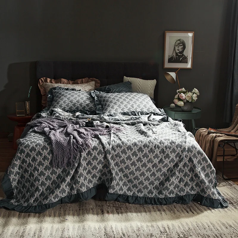 Нордическое зеленое покрывало для кровати набор трехслойная Пряжа хлопок кровать расправленная зима теплая рюшами украшение цветочный покрывало для кровати одеяла покрывала