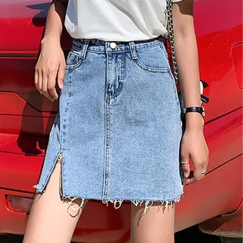 

2020 Spring And Summer Sexy Short Skirt Female Split Personality Zipper Denim Skirt Female A-line Skirt