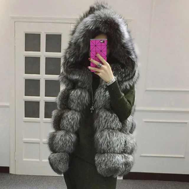 Clobee зимнее пальто женские шубы из искусственного меха жилет с капюшоном жилетка Женская Полосатая имитация меха средней длины майка de pele жилет - Цвет: Темно-серый