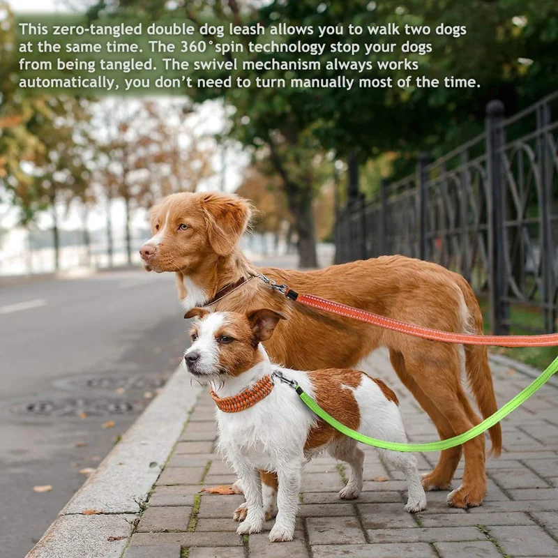 Double Dog Leash with Two 3 Meters Long Cords- Retractable Pet Leash for Walking 2 Dogs Up to 50Lbs Each- with Poop Bag Dispense