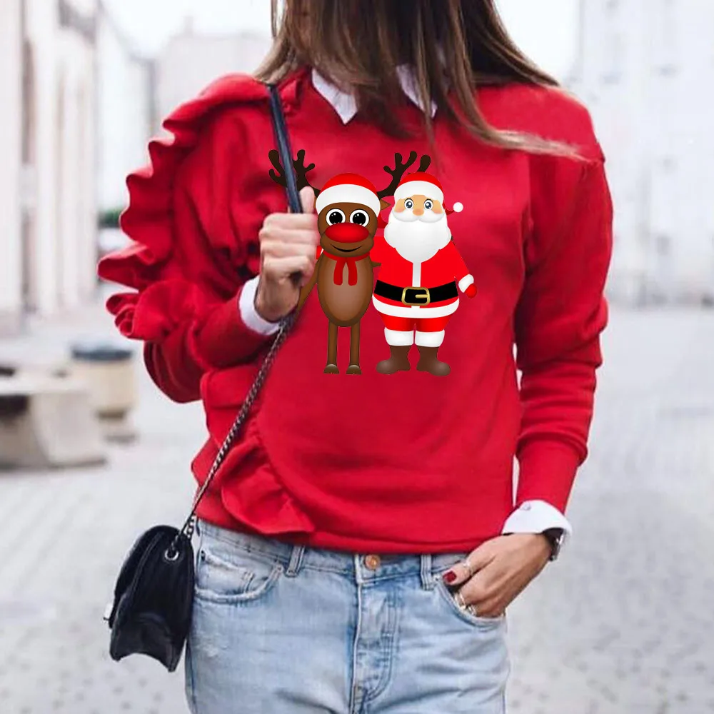 Womail свитшоты с круглым вырезом свободные женские Рождественские толстовки с изображением оленей модные с длинным рукавом Рекомендуемые гофрированные толстовки пуловер