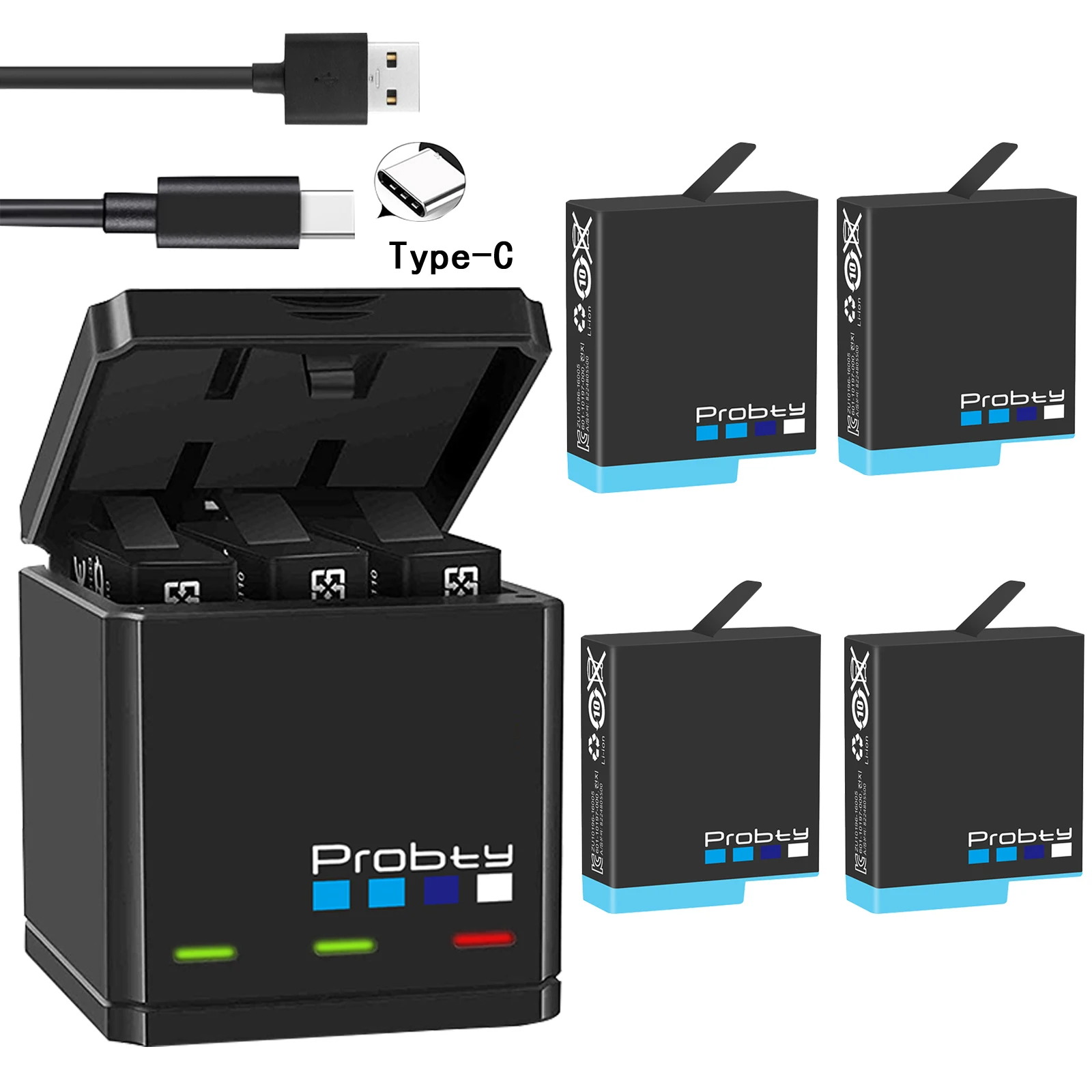 Зарядное устройство probty для GoPro Hero 8/hero 7/hero 6 аккумуляторы черного цвета или
