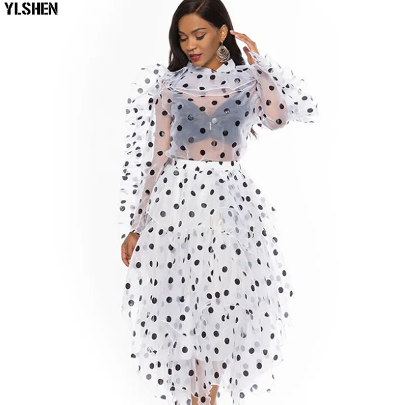 White 2 Pieces Set Комплект из 2 предметов, африканская одежда, Африканский Дашики, новая мода, в горошек, органза, Сексуальные Топы+ юбка, костюм, супер эластичные вечерние размера плюс для леди - Цвет: White 2 Pieces Set