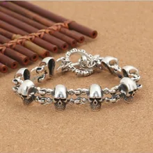 S925 pure silver Trend punk Rock man Fashion personality Skull TO Button men's thai silver Bracelet for men new style
