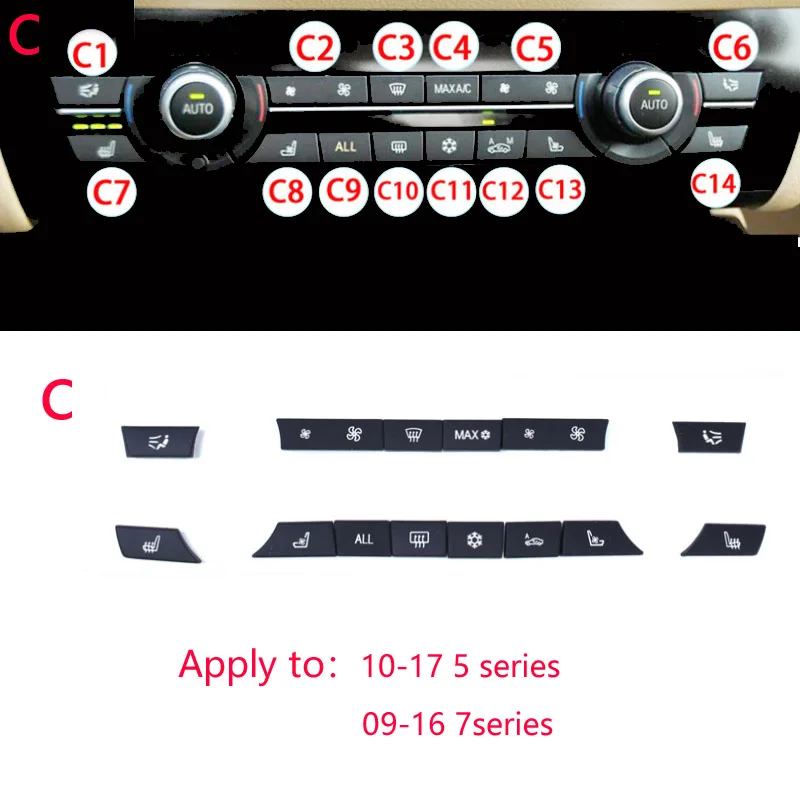 Автомобильный обогреватель, климат-контроль, громкость воздуха, кондиционер, переключатель вентилятора, кнопка, крышка крышки, замена для BMW F10 F11 F02 F06 F07 F18 - Название цвета: C set 14 pcs
