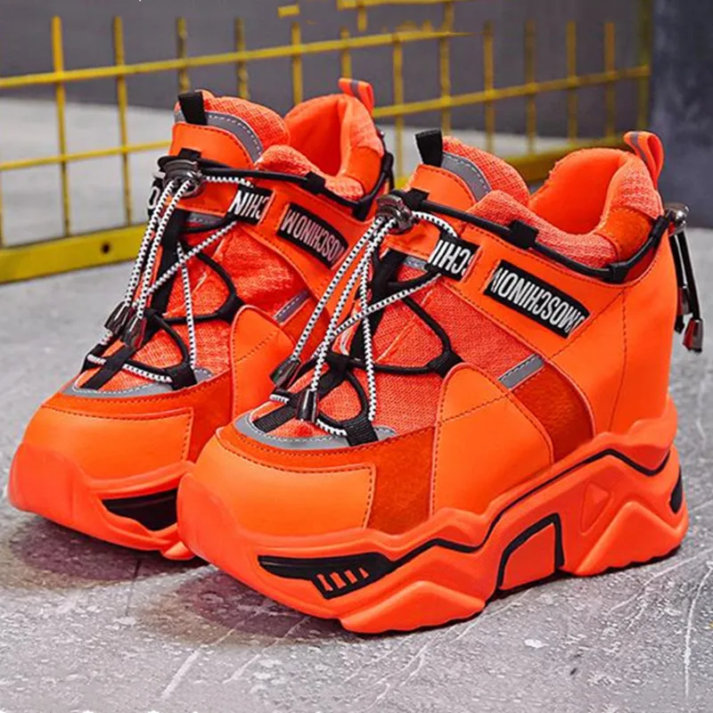 Tanie 2019 moda kobiety wysokie buty na platformie 11CM szpilki kobiety gruba podeszwa trampki jesień oddychające botki Chunky Boot Winter