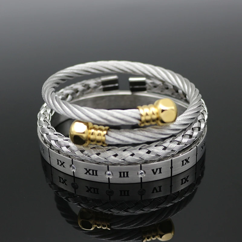 Top Quality 3PCS/Set Luxury Men Hexagon Bracelet Fashion Stainless Steel Roman Bangle Bracelet Men Trendy Jewelry Best Gift