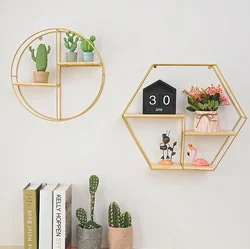 Nordic Style Living Room Geometric Shelves Creative Wall Decoration Metal Shelf Round Hexagon Storage Holder Rack Shelves