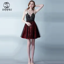 Skyyue коктейльное платье, Сексуальное мини коктейльное платье на бретельках, женские вечерние платья с блестками и кристаллами, коктейльное платье без рукавов с v-образным вырезом, H101