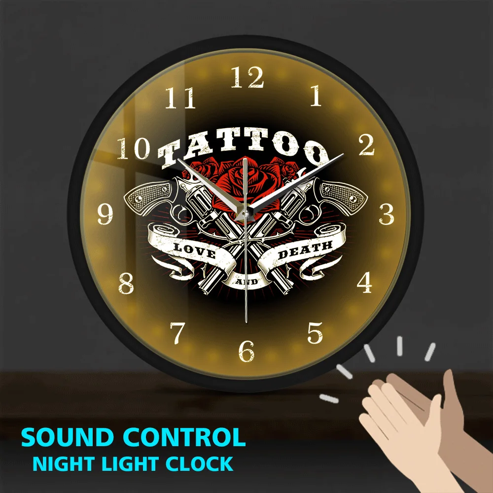 Retro Tattoo Metal Frame Luminous Wall Clock Sound Control Love And Death Rose Tattoo Guns Horologe Tattoo Studio Tattooist Gift Wall Clocks Aliexpress