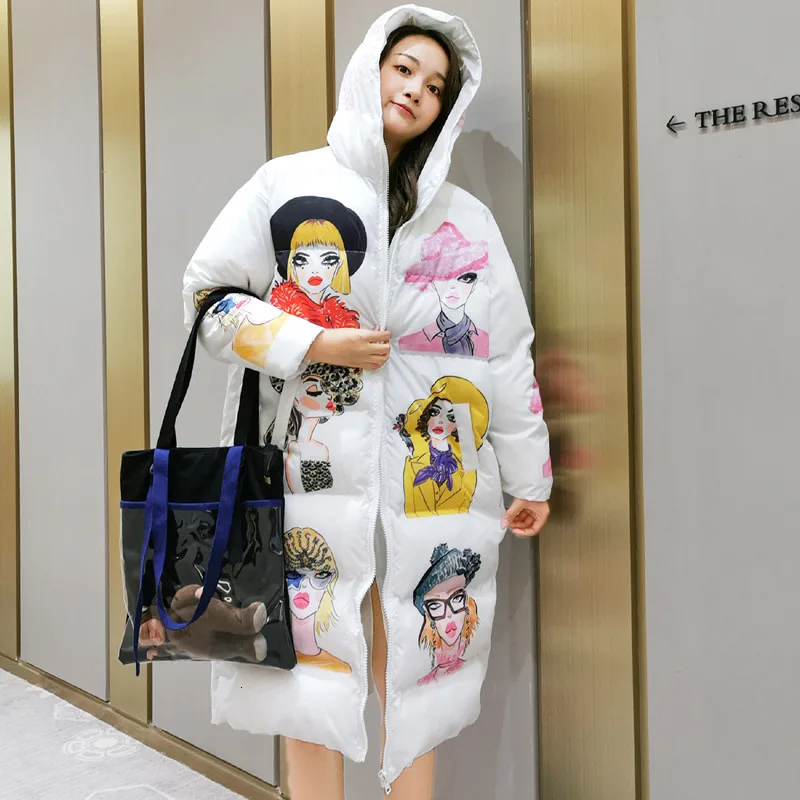 Kopen Vefadisa Winter Karakter Print Parka Vrouwen 2019 Dikke Hooded Parka Jacket Losse Ritsen Katoen Gewatteerde Jas Wit Zwart QYF1284