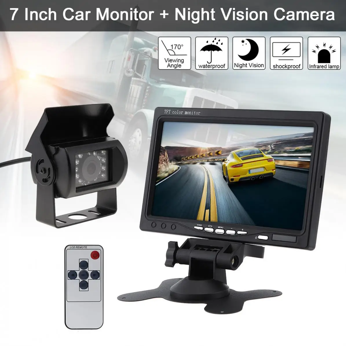 7 inch 12V/24V TFT LCD Car Rear View Monitor CMOS IR Night Vision Backup Camera Kit NTSC / PAL Parking System