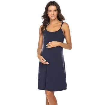 

Women Round Neck Adjustable Spaghetti Strap Solid Maternity Sleepwear Nightwear Summer Nursing Sleep Dress
