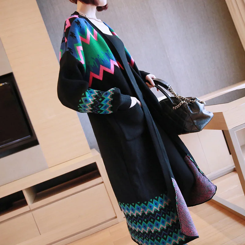 Neploe корейский v-образный вырез макси трикотажные кардиганы свободный плюс размер свитер женские толстовки контрастного цвета пэчворк Pull Femme Hiver пальто 46274 - Цвет: black