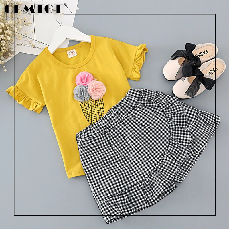 

Girls Clothes Set Fashion Ice Cream Yellow Shirt With Plaid Pants 2 Pcs Children Clothing Set Lovely Set Baby Kids Summer Outfit