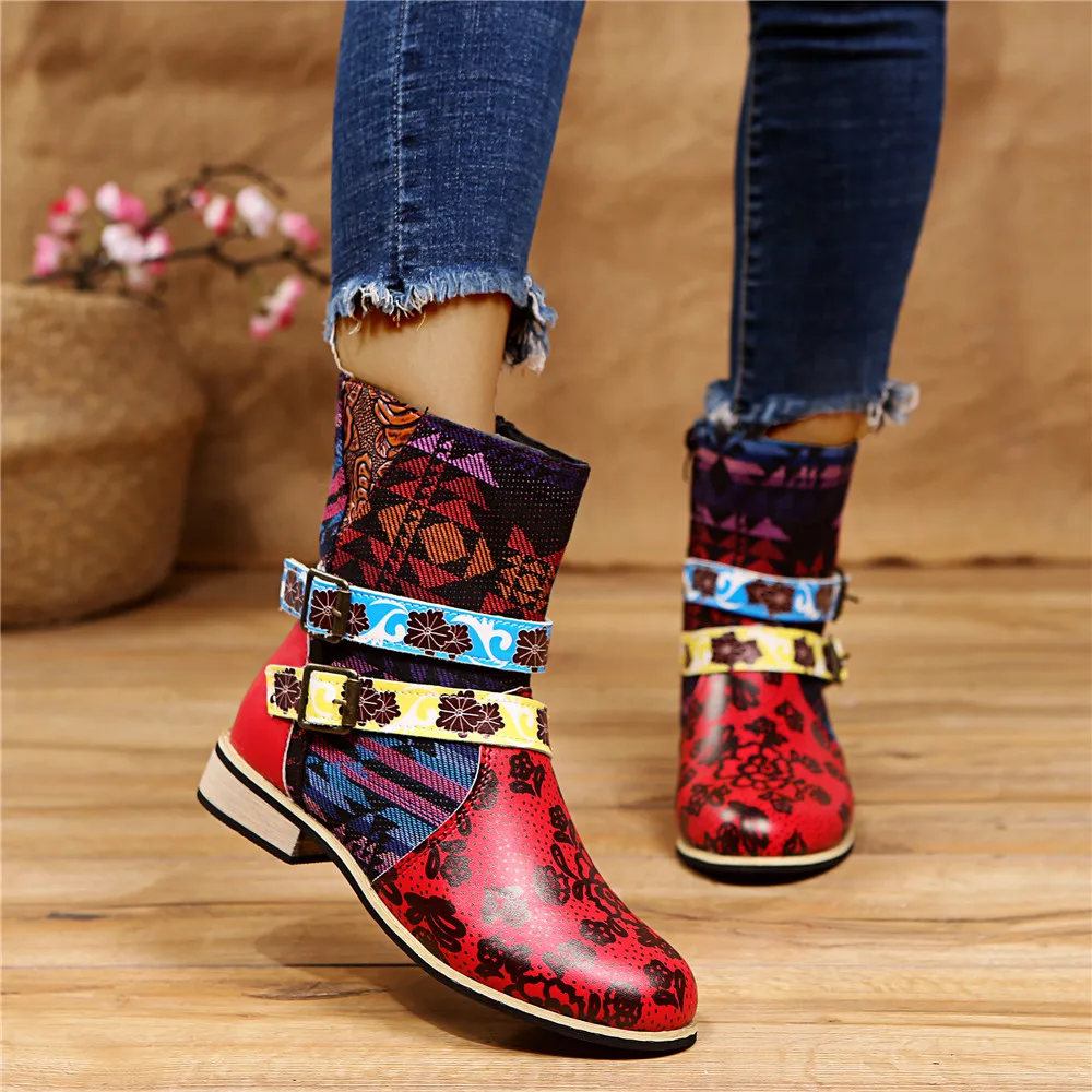 

Fashion Women Boots Winter Zipper Trend Stitched Leather Shoes Woman Low Heel Double Buckle Ankle Boots Plus Size Zapatos Mujer