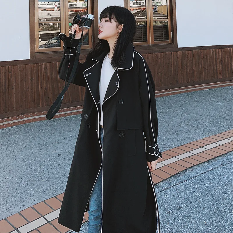 

Photo Shoot Black And White with Pattern Trench Coat Women's Mid-length 2020 Spring New Style Korean-style Loose-Fit Contrast Co