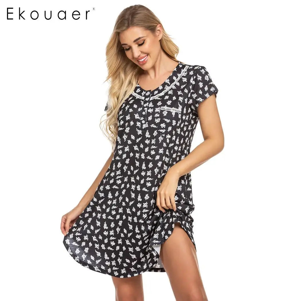 Ekouaer, женская ночная рубашка, летняя Домашняя одежда, ночные рубашки, круглый вырез, короткий рукав, цветочный рисунок, ночная рубашка, летняя одежда для сна