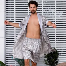 Золотая Мужская атласная ночная рубашка, 2 шт., халат, костюм, летняя Домашняя одежда, короткий рукав, кимоно, платье, большой размер 3XL 4XL 5XL, домашняя одежда