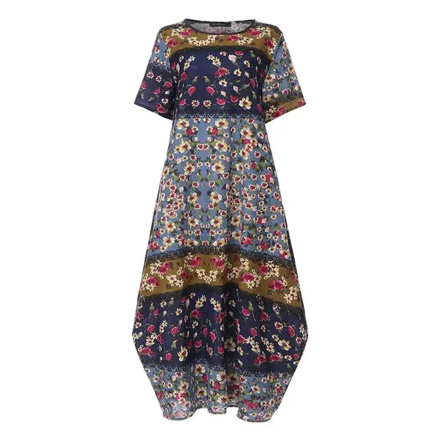 ZANZEA Fashion Summer Maxi Dress Women's Printed Sundress Casual Short Sleeve Vestidos Female High Waist Robe Femme C Blue  Cotton