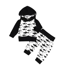 Осенне-зимняя одежда для новорожденных мальчиков и девочек из 2 предметов толстовки с капюшоном и принтом акулы топы и штаны, комплект одежды