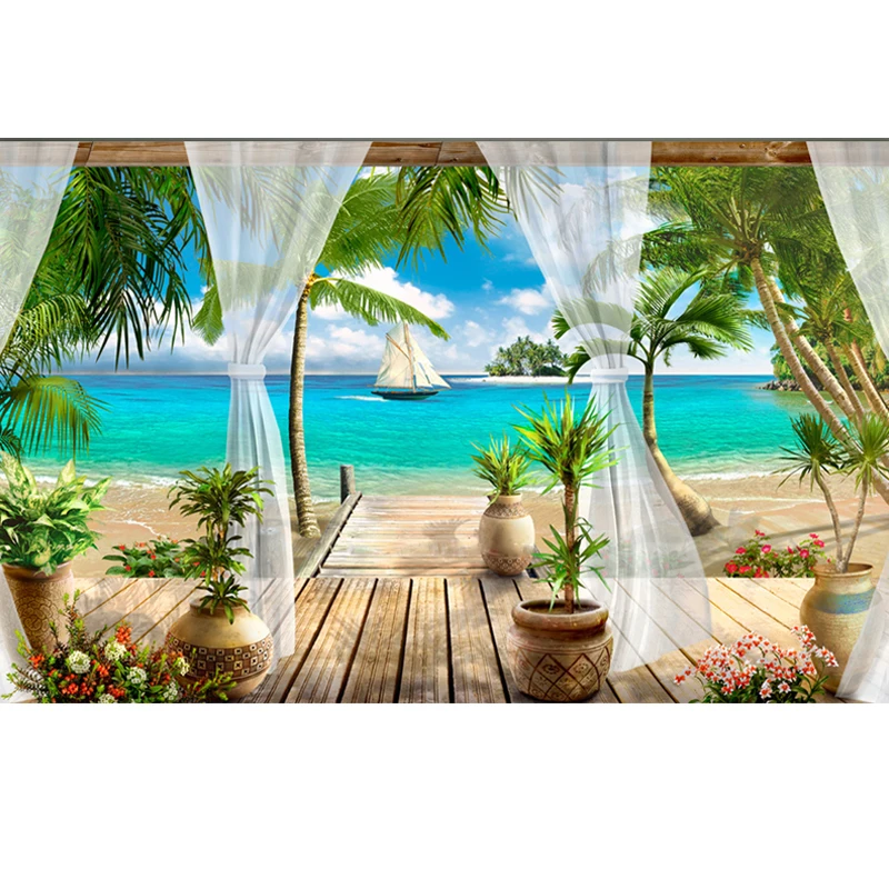Custom 3D Photo Wallpaper Balcony Sandy Beach Sea View 3D Living Room Sofa Bedroom TV Background Wall Mural Wallpaper Home Decor