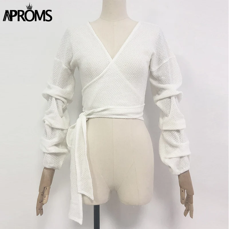 Aproms, элегантный вязаный Топ с галстуком-бабочкой, женский сексуальный топ с глубоким v-образным вырезом и рюшами, женский укороченный топ на осень и зиму, женский топ с рюшами, футболки