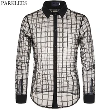 Мужские кружевные прозрачные майки, сексуальная сетчатая прозрачная клетчатая рубашка, Мужская Облегающая рубашка с длинным рукавом для сцены, вечерние, для танцев, DJ, мужская одежда