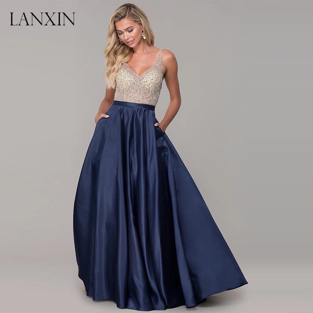 

V Neck Beading Bodice Open Back Long Prom Dress with Pockets 2020 A Line Satin Sleeveless Girls Formal Evening Party Dresses