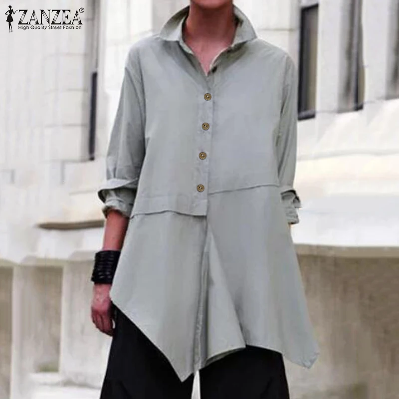 ZANZEA элегантные Для женщин блузка Повседневное c воротником; рубашка с длинными рукавами Женский асимметричный подол твердые топы размера плюс работы Blusas 7
