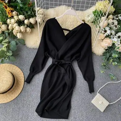 black dress Fionto осенне-зимнее женское трикотажное платье-свитер Новое сексуальное платье с v-образным вырезом и длинным рукавом «летучая мышь» на бедрах Женская повязка - Цвет: black dress
