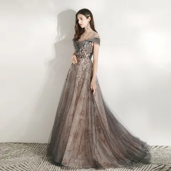 

Elegant Gray Spray Gold Prom Dress Off Shoulder 2020 Tulle Beaded A Line Sheer Scoop Neck Evening Gown For Wedding Party Banquet