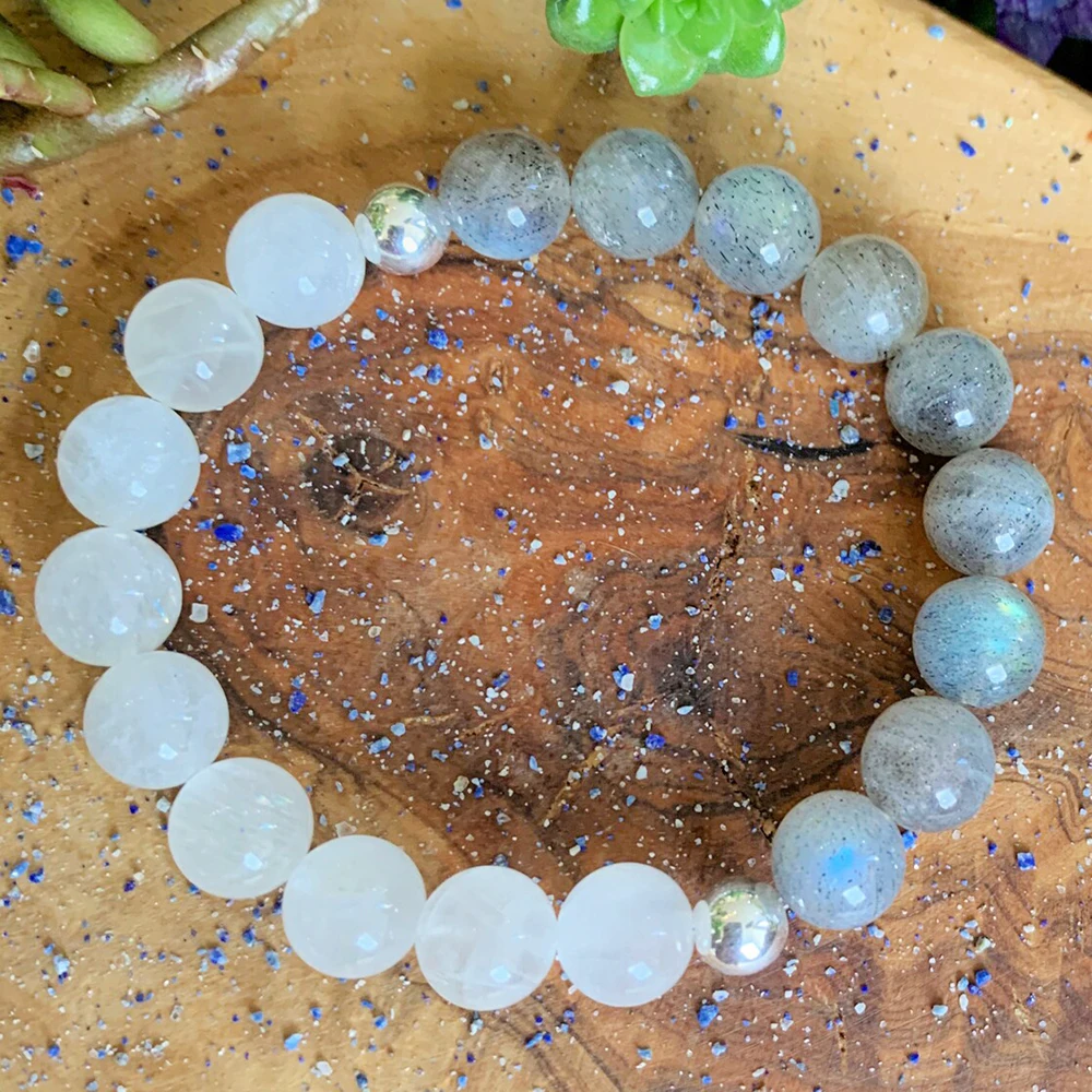 

MG1280 10 mm Magical Moon Wrist Mala Bracelet Rainbow Moonstone Labradorite Bracelet Women`s Meditative Spiritual Jewelry