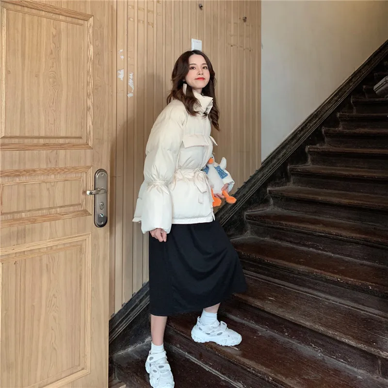 Женское зимнее пальто в Корейском стиле, ультра толстое, с подкладкой, Ulzzang, одноцветное, с карманами, на талии, с подкладкой, повседневное пальто, куртка, ткань
