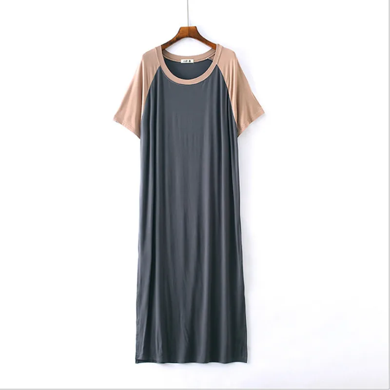Free size women's nightgowns brief causal modal material round neck candy color patchwork calf-length softy sleep dress