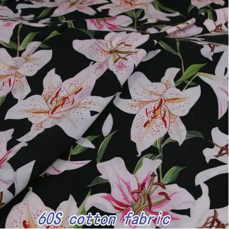145 см ширина Лилия принт черный хлопок поплин Ткань для женщин Девушка летние платья юбка рубашки шитье DIY-BF077
