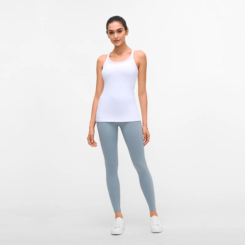 Tanie Stałe Strappy joga kamizelka sportowa kobiety kompresji Fitness Athletic Tank topy z z wbudowanymi miseczkami Nylon siłownia koszulki bez rękawów