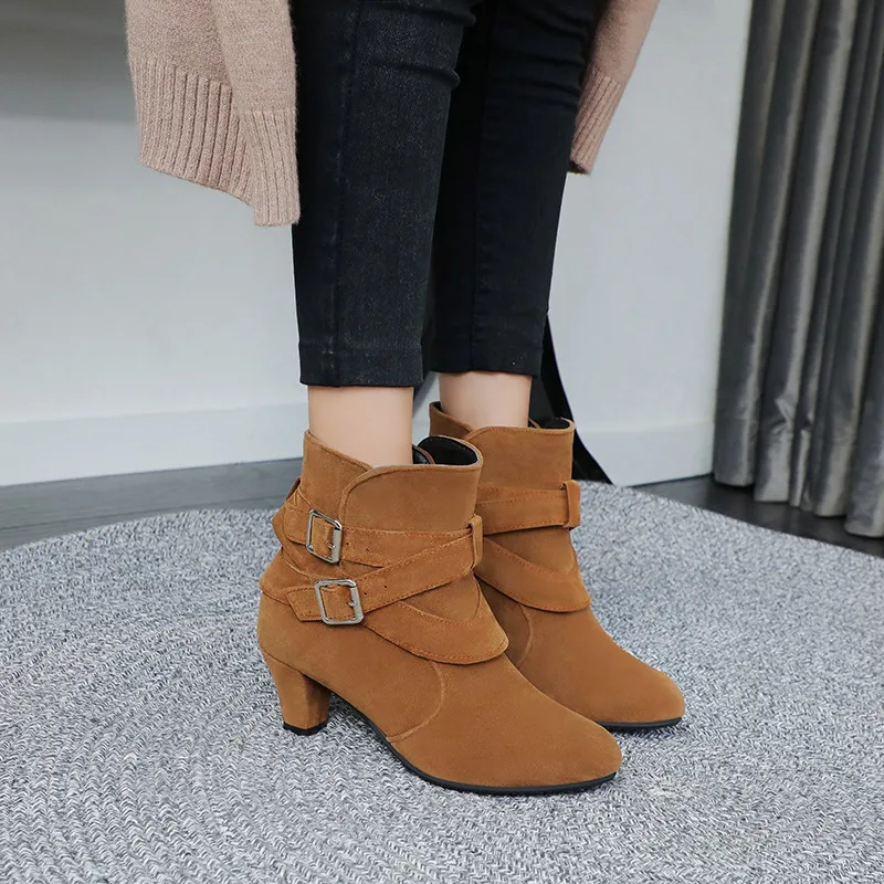 

Western Cowboycowirl Ankle Boots for Women Black Yellow Buckle Strap Block Hih Heel Flock Womens Boots Shoes 2019 New