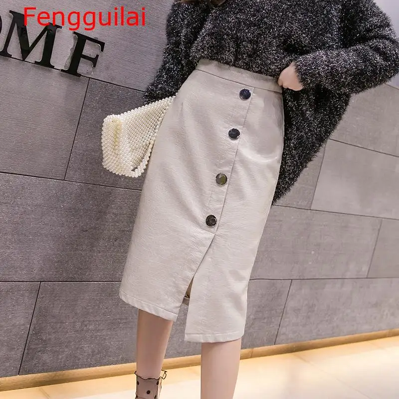 

Autumn winter korean PU leather skirt female irregular slit front buttons faux leather bright skirts midi pencil
